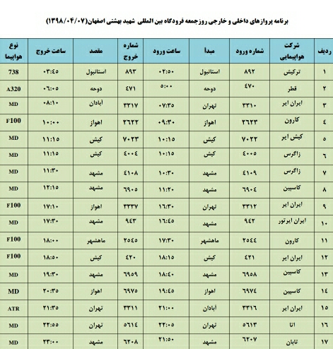 فهرست پروازهای داخلی و خارجی فرودگاه شهید بهشتی اصفهان